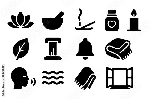Stress Reduction Icons. Stress Reduction. Solid icon set of Stress Reduction: lotus, singing bowl, incense, candle, nature leaf, waterfall icon, mindful bell,