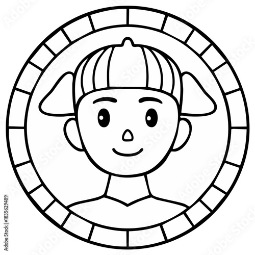 Outline drawing of a boy wearing a hat and a medallion border