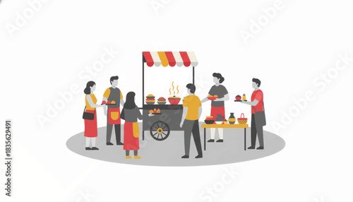 People at a local street food market. Flat design vector illustration of a community gathering and small business concept