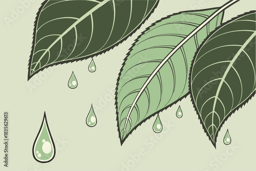 Minimalist illustration of raindrops falling on a single leaf
