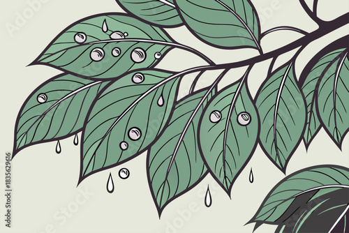 Minimalist illustration of rain drops on green leaves