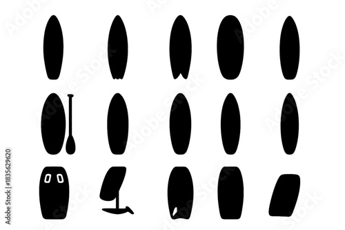 Surfboard Icon Collection. Surfboard types. Solid icon set of Surfboard types: longboard, shortboard, fish board, foam board, paddleboard, hybrid, mini-mal,