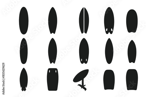 Surfboard Icon Collection. Surfboard types. Solid icon set of Surfboard types: longboard, shortboard, fish board, foam board, paddleboard, hybrid, mini-mal,