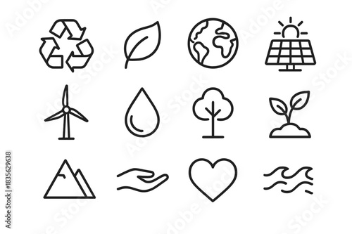 Sustainability Icons Set. Sustainability. Line icon set of Sustainability: recycle arrows, leaf, globe, solar panel, wind turbine, droplet, tree, seedling,