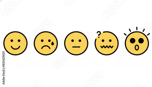 Minimalist pictograms of emotions and reactions icon set. A collection of hand-drawn emoticons for customer feedback. Vector illustration of happy, sad, and neutral faces for satisfaction ratings