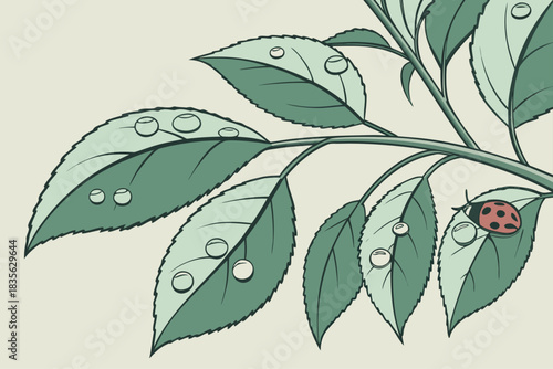 Minimalist illustration of raindrops on green leaves