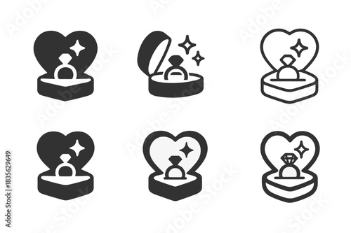 Surprise Ring Logos. Surprise ring box. Icon set. Set Logo of surprise ring box: heart-shaped box with sparkle. harmonious logo variations of the