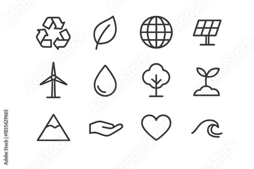 Sustainability Icons Set. Sustainability. Line icon set of Sustainability: recycle arrows, leaf, globe, solar panel, wind turbine, droplet, tree, seedling,