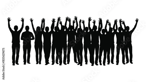 Diverse crowd silhouette with raised hands isolated on white background, Vector