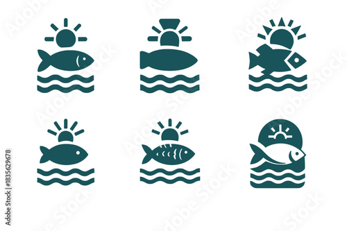 Sustainable Fishing Logos. Sustainable fishing practices. Icon set. Set Logo of sustainable fishing: ocean ecosystem icon. harmonious logo variations of the