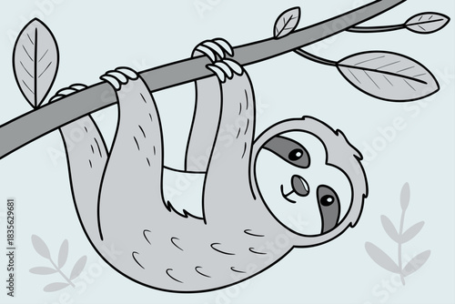 Minimalist sloth hanging calmly on a tree branch vector illustration