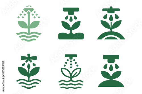 Sustainable Farming Icons. Sustainable farming practices. Icon set. Set Logo of sustainable farming: irrigation system icon. harmonious logo variations of the