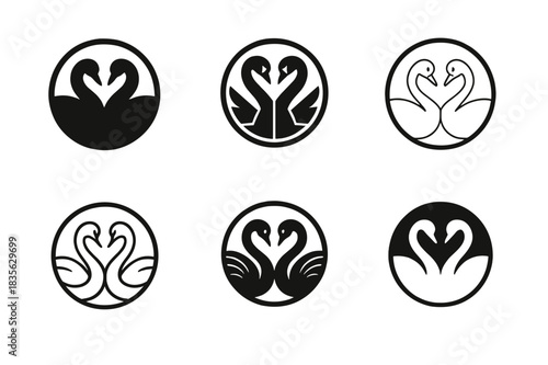 Swan Logo Variations. Swans. Icon set. Set Logo of swans: mirrored twin swans in circular frame. harmonious logo variations of the same emblematic concept,