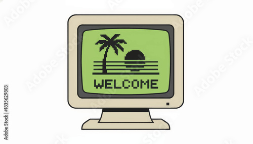 Retro computer monitor with a pixel art welcome screen. Vintage 80s and 90s nostalgia vector illustration. Old PC display with a tropical sunset graphic