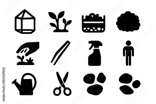 Terrarium Icon Set. Building a terrarium. Solid icon set of Building a terrarium: glass container, small plants, soil layer, pebbles, moss, hand placing plant,