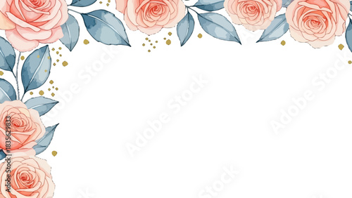 Elegant watercolor peach roses and blue leaves forming a decorative corner border on a white background with gold accents.