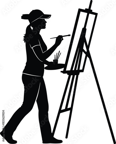 Female artist silhouette painting at easel, creative painter illustration, woman drawing artwork, artistic hobby concept, black vector design graphic