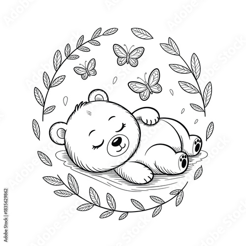 Cute sleeping teddy bear illustration surrounded by butterflies and leaves