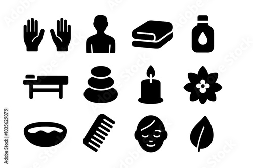 Therapeutic Massage Icons. Therapeutic Massage. Solid icon set of Therapeutic Massage: hands, back profile, towel, essential oil bottle, massage table, stone