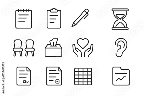 Therapist Toolkit Icons. Therapist?s toolkit. Line icon set of therapist?s toolkit: notepad, clipboard, pen, hourglass, seating chairs, tissue box, empathy
