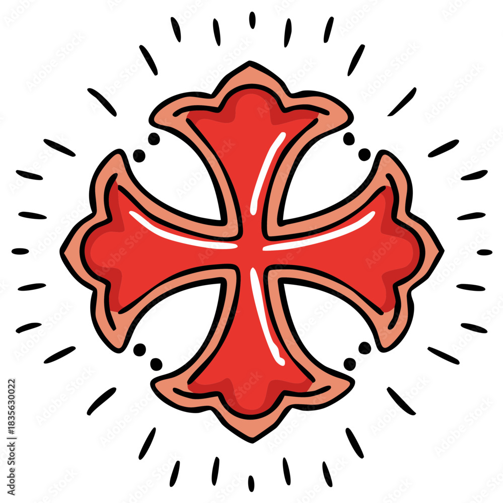 Fototapeta premium Red cross symbol with outline design and stylized radiant lines
