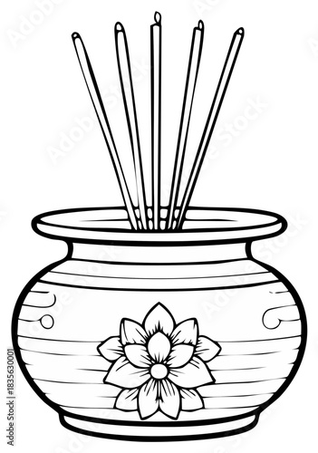 Hand drawn incense sticks in a traditional lotus flower pot line art illustration