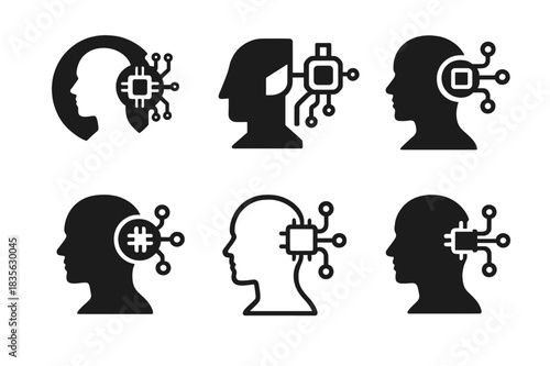 Transhumanism Icon Grid. Transhumanism and technology integration. Icon set. Set Logo of transhumanism and technology integration: Biochip implant symbol.