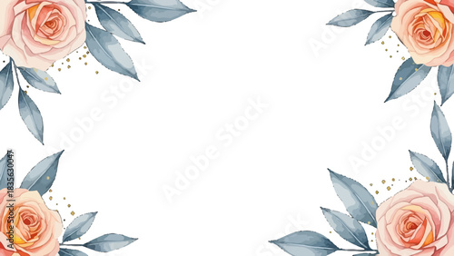 Elegant watercolor floral frame with soft pink roses, blue leaves, and golden accents on a white background, perfect for invitations or decorative borders.