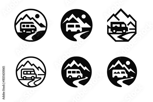 Travel Van Logos. World travelers. Icon set. Set Logo of world travelers: Travel van on scenic road. harmonious logo variations of the same emblematic concept,