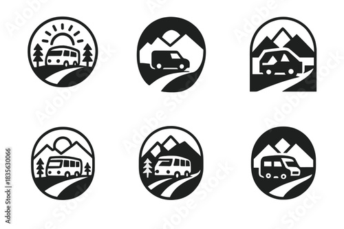 Travel Van Logos. World travelers. Icon set. Set Logo of world travelers: Travel van on scenic road. harmonious logo variations of the same emblematic concept,