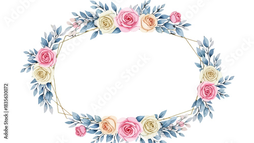 A delicate oval frame adorned with a beautiful arrangement of pink, cream, and peach roses and blue-green foliage.