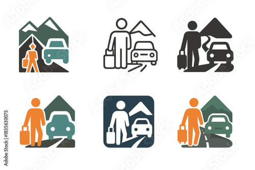 Traveler Logo Variations. Traveler. Icon set. Set Logo of traveler: road trip and car journey. harmonious logo variations of the same emblematic concept, each