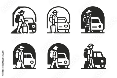 Traveler Logo Variations. Traveler. Icon set. Set Logo of traveler: road trip and car journey. harmonious logo variations of the same emblematic concept, each