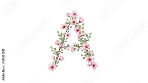 Elegant floral letter A with delicate pink blossoms and green leaves on a white background.