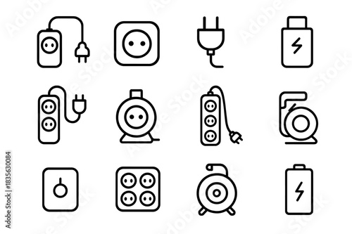 Travel Power Icons. Travel and mobility power. Line icon set of travel and mobility power: extension cord, travel adapter, plug, USB charger, power strip,