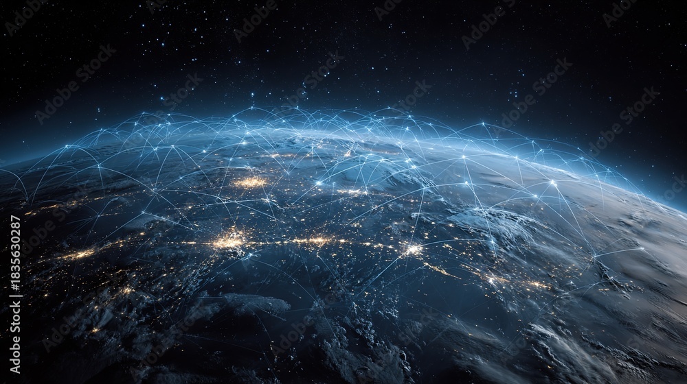 Obraz premium Global Network: A futuristic digital web overlays the earth, symbolizing interconnectedness, technology, and the expanse of our global village.