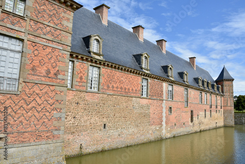 Broad Exterior Detail of Carrouges Castle in Sunlight with Moat, Normandy
