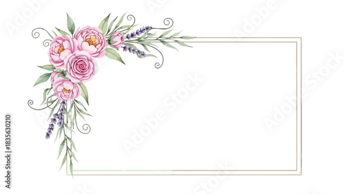 Watercolor floral corner design with pink roses, lavender, and greenery, perfect for invitations and cards.