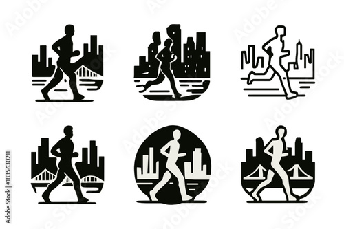 Urban Jogging Logo Variations. A person jogging along the waterfront in the city, enjoying the view of the skyline. Icon set. Set Logo of a person jogging