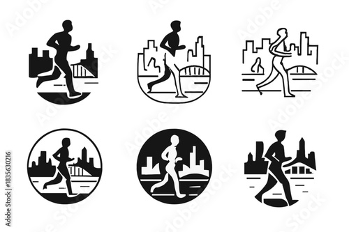 Urban Jogging Logo Variations. A person jogging along the waterfront in the city, enjoying the view of the skyline. Icon set. Set Logo of a person jogging