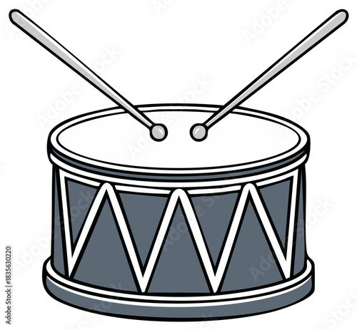 Simple Cartoon Drum with Drumsticks Illustration, Gray Percussion Instrument with Zigzag Pattern