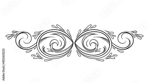Elegant symmetrical floral design with swirling lines and teardrop accents, black on white.