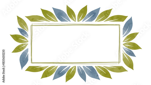 An elegant rectangular frame decorated with hand-painted watercolor leaves in shades of green and blue, isolated on a white background.