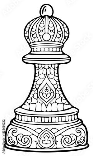 Ornate chess bishop piece with intricate patterns black and white line art illustration