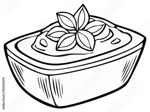 Monochrome line art illustration of a bowl of creamy dip with fresh herb leaves garnish