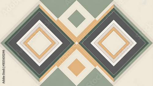 Geometric arrangement featuring nested diamond shapes in varying hues and symmetrical design elements