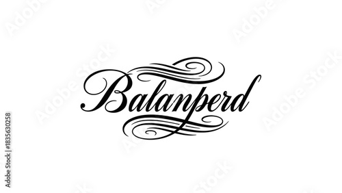 Elegant black calligraphic script spelling 'Balanperd' with decorative flourishes and swirls on a clean white background, showcasing intricate typography.