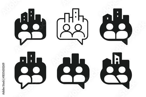 Urban Social Icons. Casual meetups and socializing in urban settings. Icon set. Set Logo of casual meetups and socializing in urban settings: chat bubble.