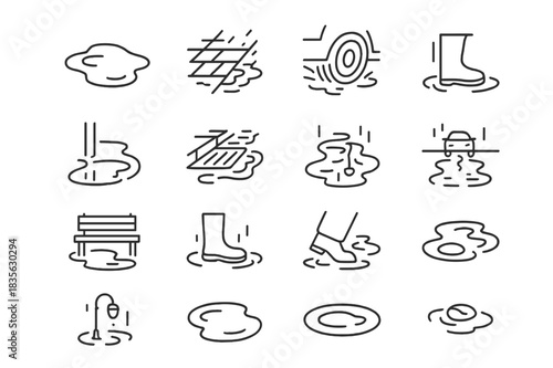Urban Rain Icons. Urban Rain. Line icon set of Urban Rain: puddle on street, wet pavement, car tire splash, sidewalk puddle, street drain, reflection on road,