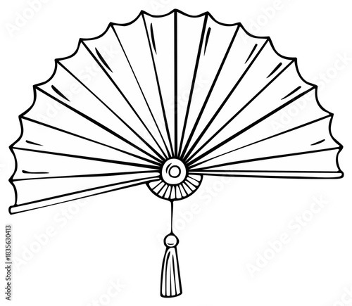 Hand drawn traditional folding fan with tassel. Black and white outline vector illustration for coloring